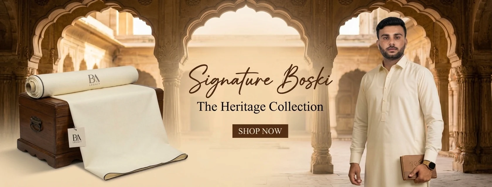 Signature Boski, the Heritage Collection campaign, with a model in traditional menswear and ivory fabric.