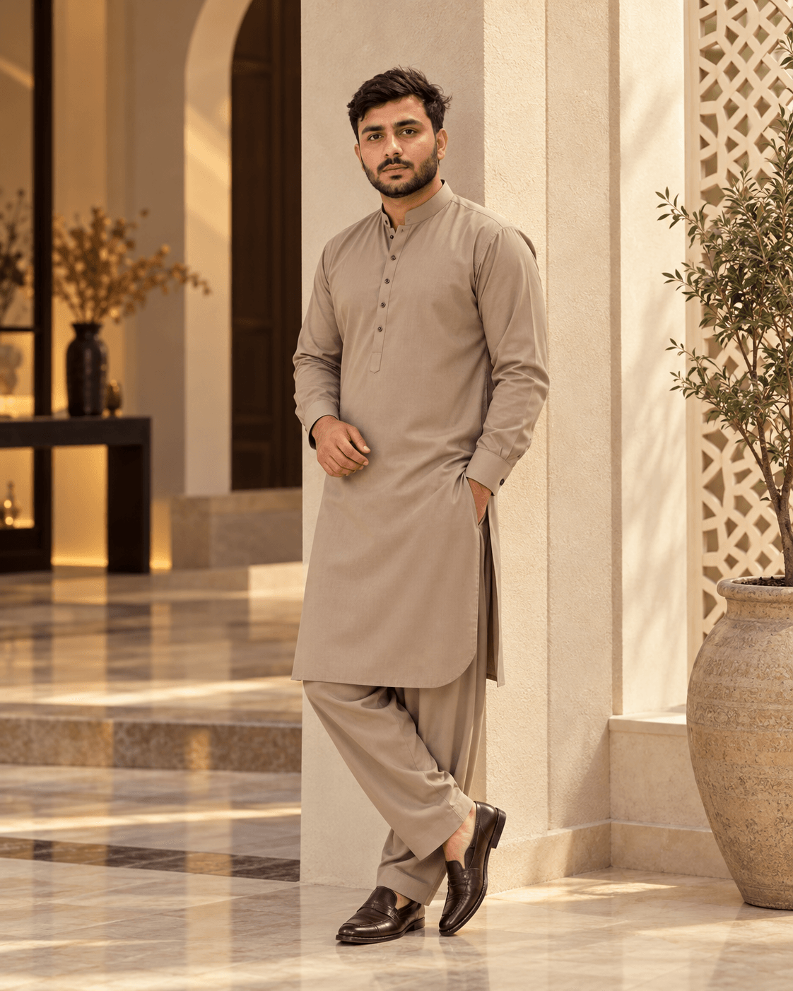 Portrait of a man in traditional Pakistani dress in a warm courtyard.