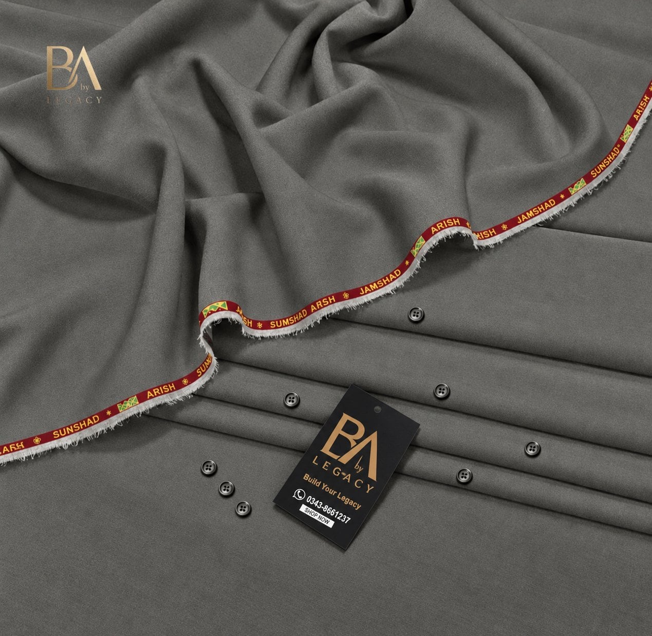 Ash Grey Riwaj winter wash & wear unstitched fabric with kinari, buttons and the BA tag.