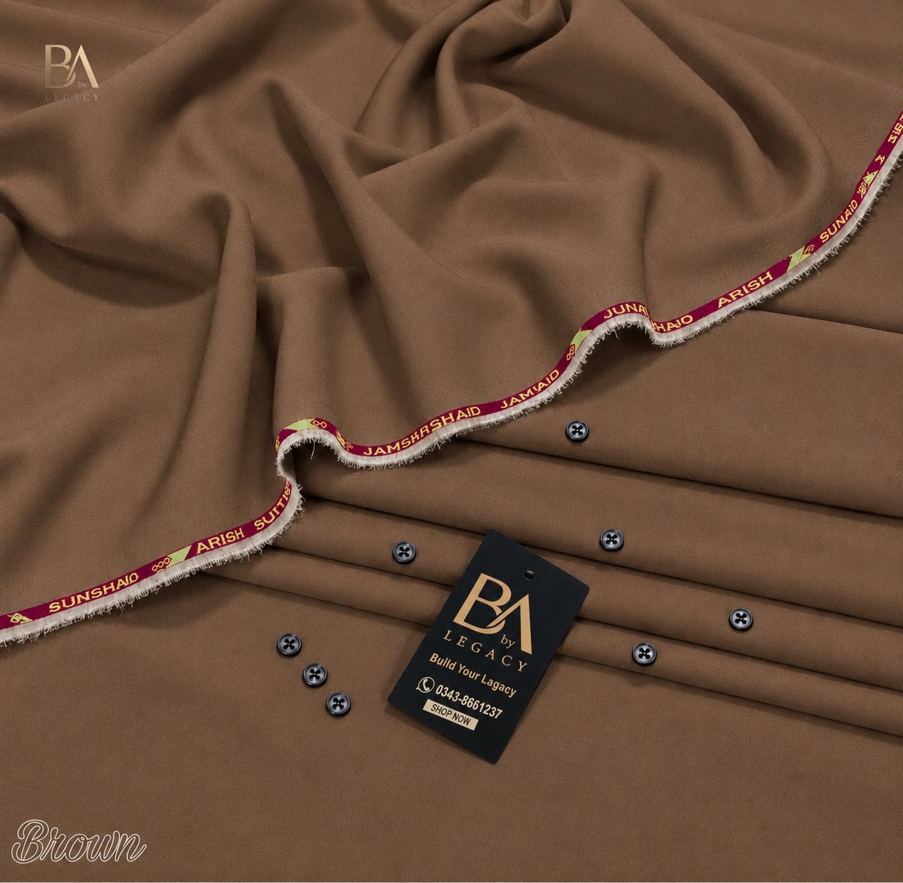 Brown Riwaj winter wash & wear unstitched fabric with kinari, buttons and the BA tag.