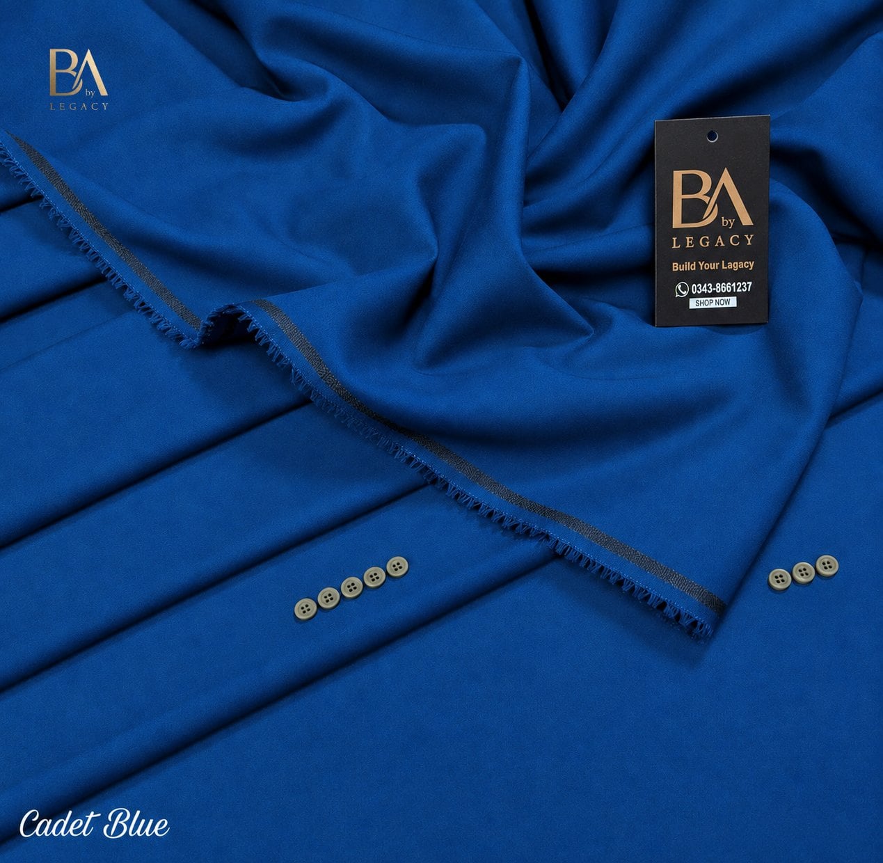 Cadet Blue Riwaj winter wash & wear unstitched fabric with kinari, buttons and the BA tag.