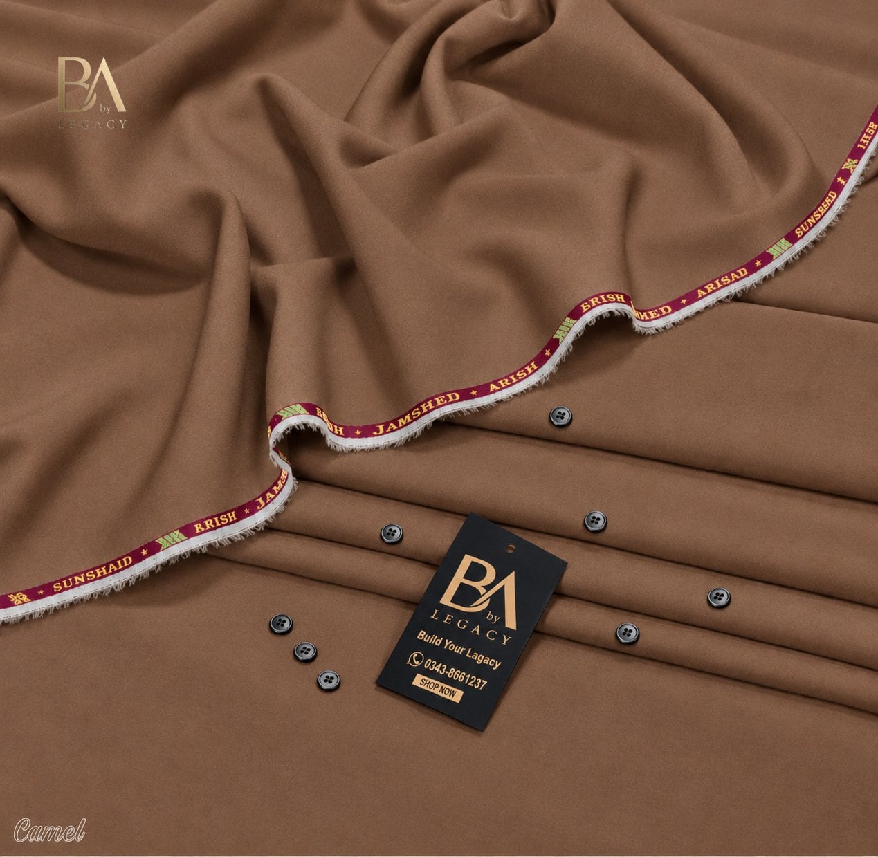 Camel Riwaj winter wash & wear unstitched fabric with kinari, buttons and the BA tag.