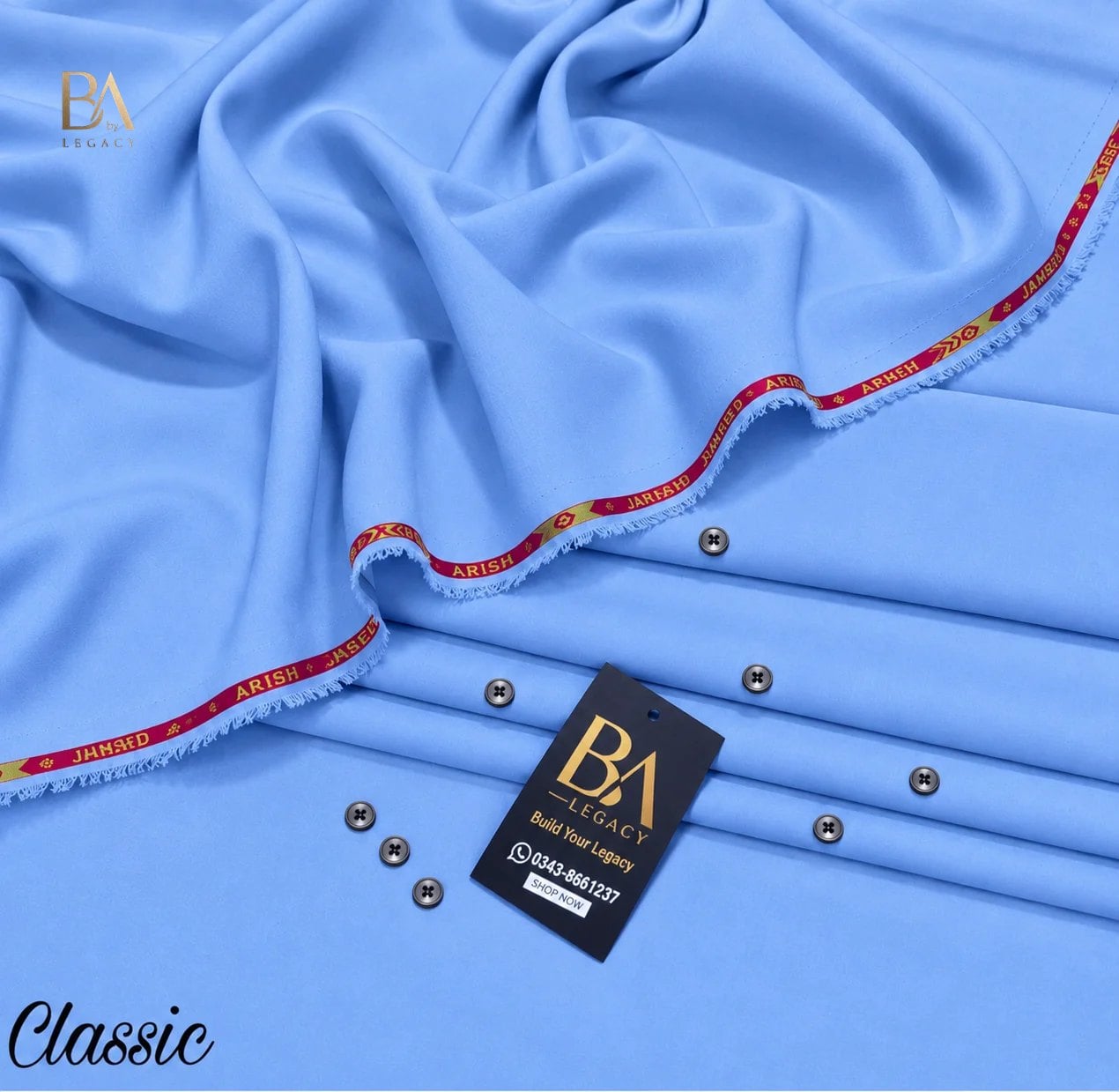 Classic Riwaj winter wash & wear unstitched fabric with kinari, buttons and the BA tag.