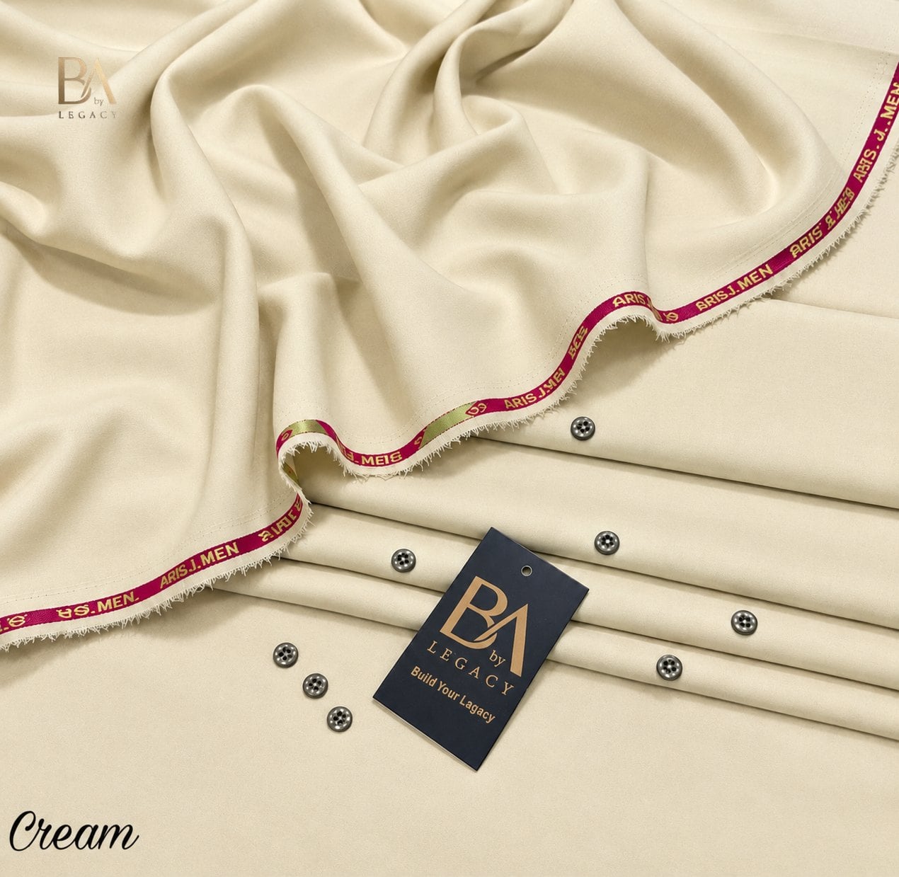 Cream Riwaj winter wash & wear unstitched fabric with kinari, buttons and the BA tag.