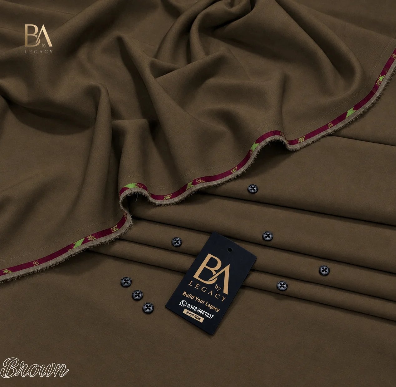 Dark Brown Riwaj winter wash & wear unstitched fabric with kinari, buttons and the BA tag.