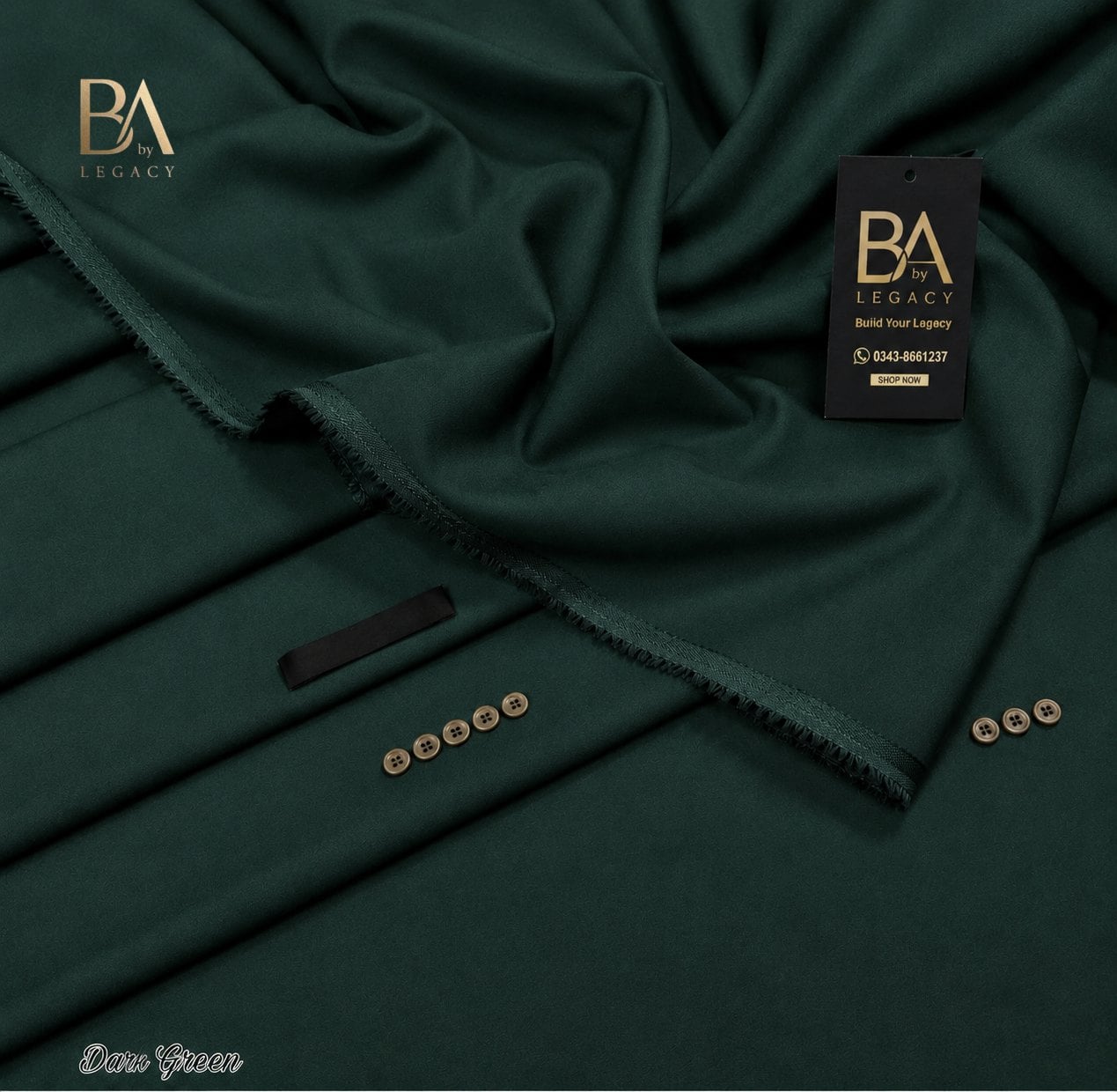 Dark Green Riwaj winter wash & wear unstitched fabric with kinari, buttons and the BA tag.