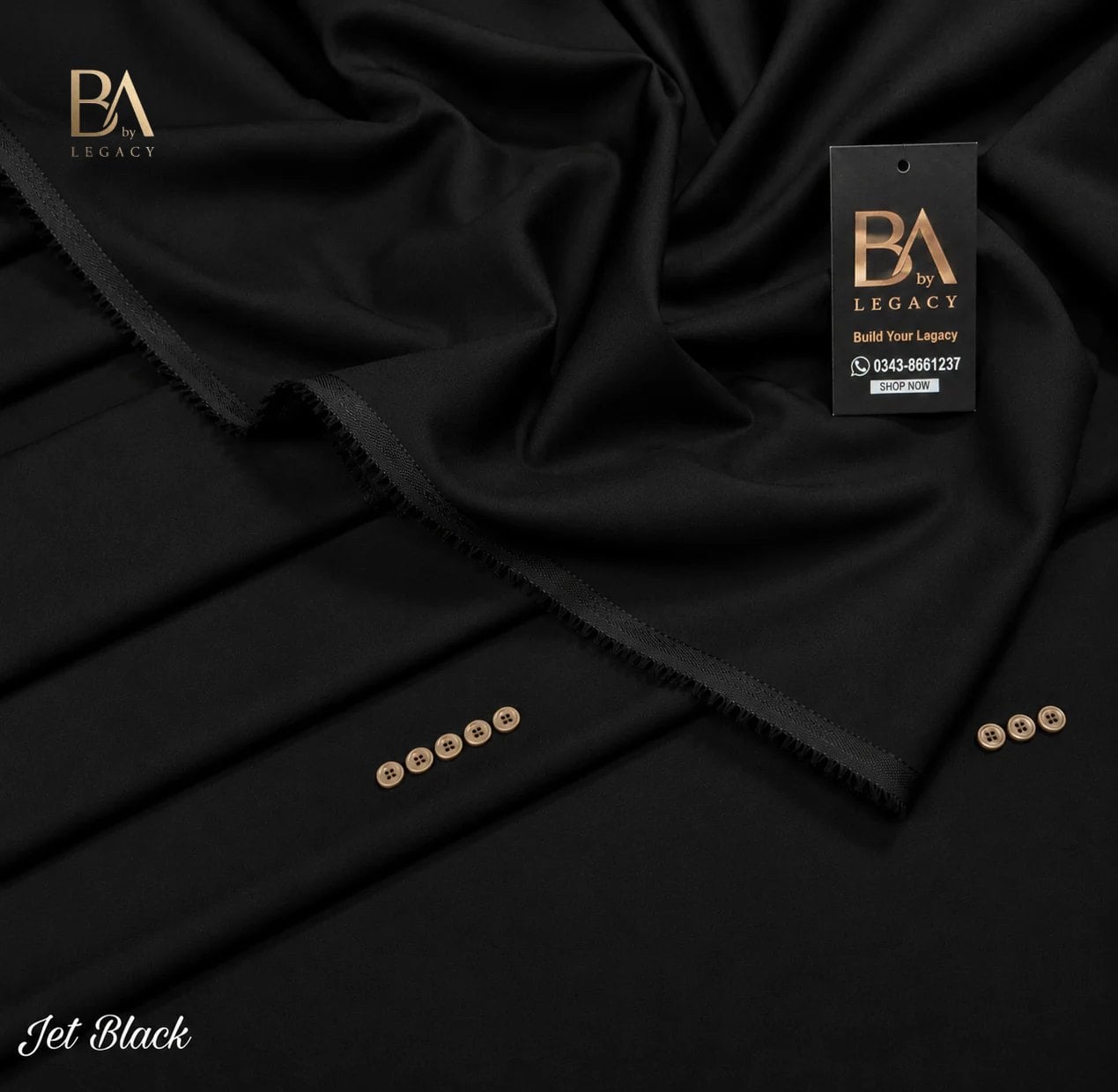 Jet Black Riwaj winter wash & wear unstitched fabric with kinari, buttons and the BA tag.