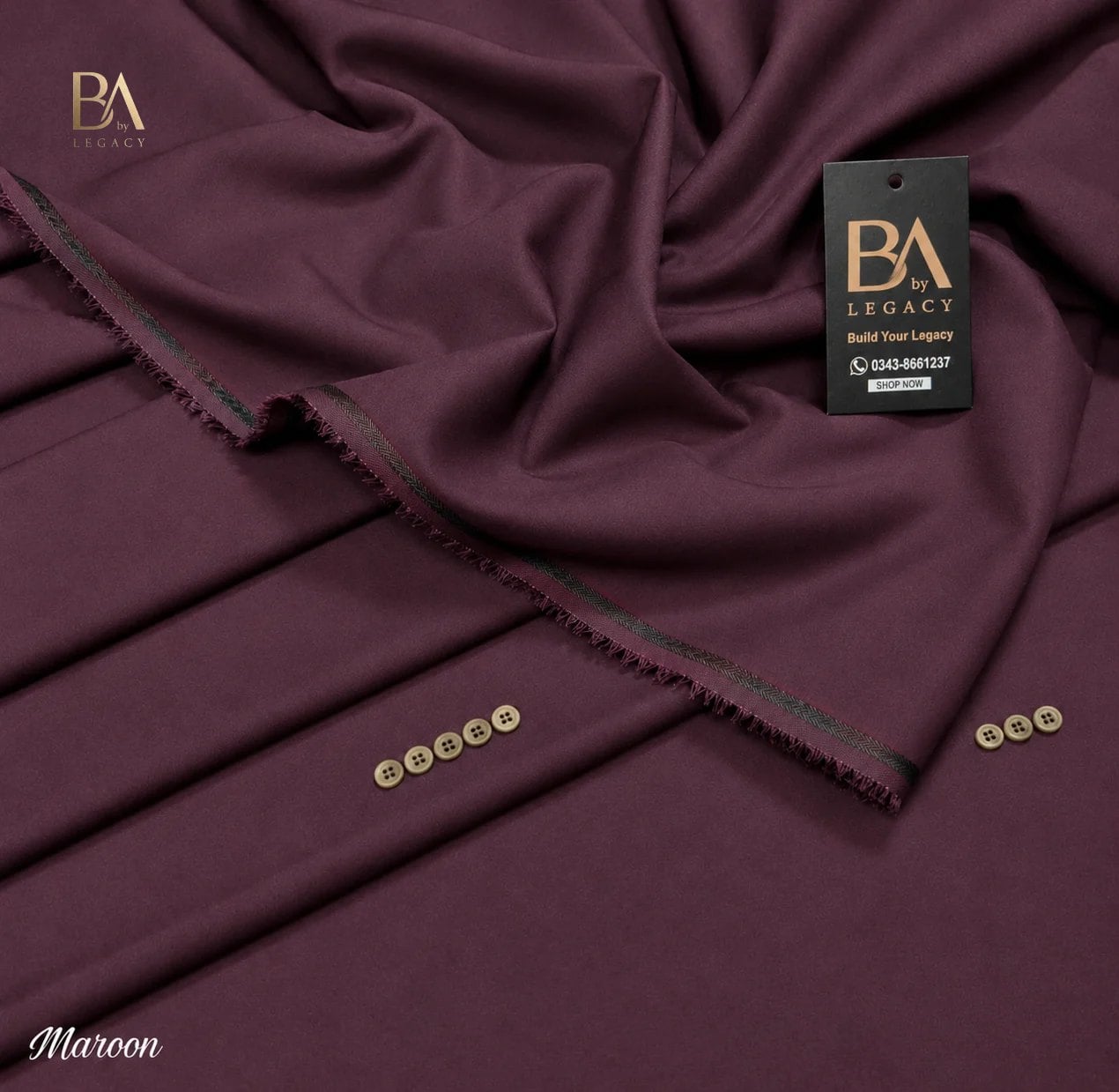 Maroon Riwaj winter wash & wear unstitched fabric with kinari, buttons and the BA tag.