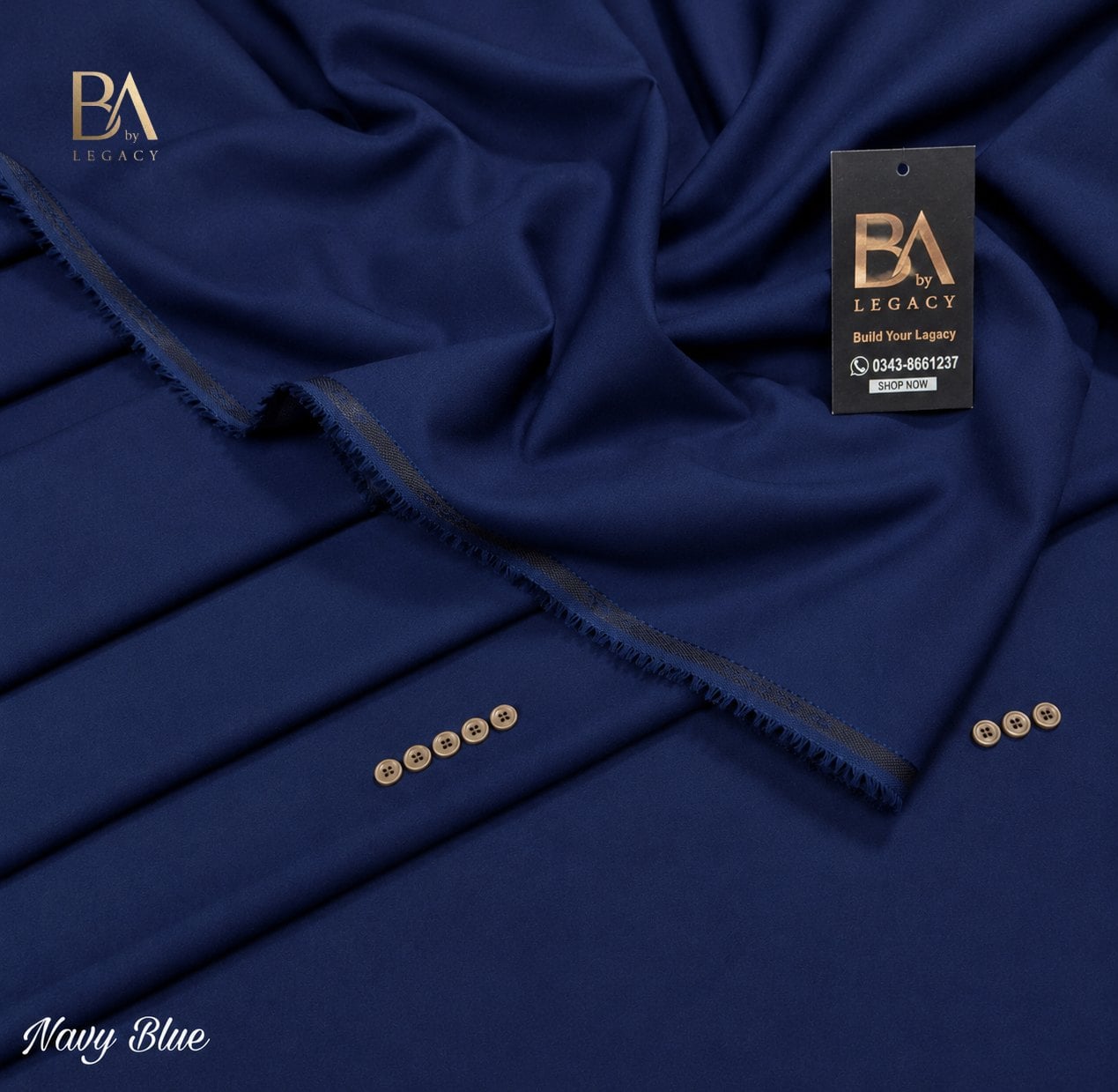 Navy Blue Riwaj winter wash & wear unstitched fabric with kinari, buttons and the BA tag.