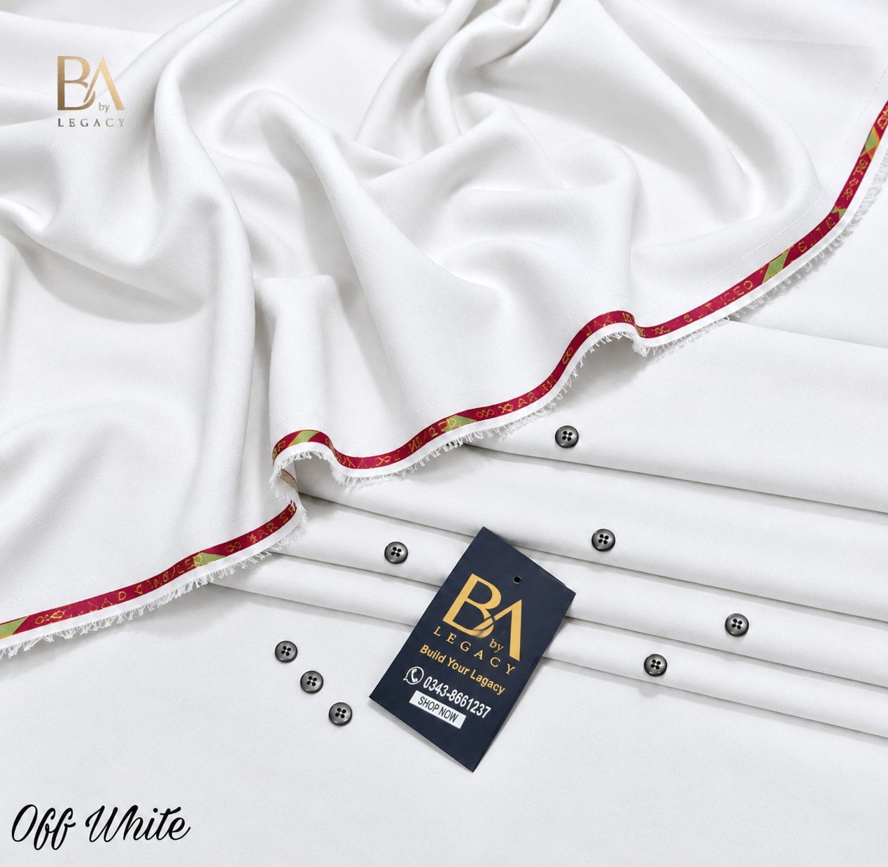 Off White Riwaj winter wash & wear unstitched fabric with kinari, buttons and the BA tag.