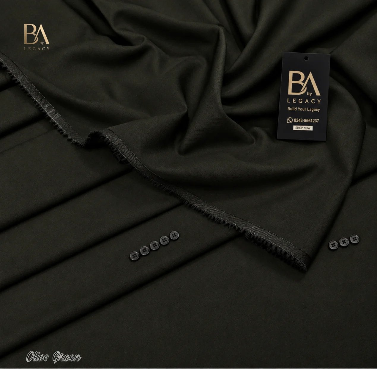 Olive Green Riwaj winter wash & wear unstitched fabric with kinari, buttons and the BA tag.