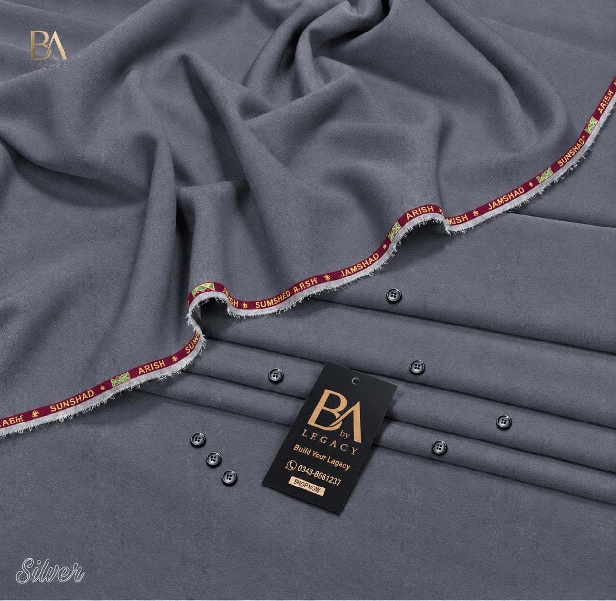 Silver Riwaj winter wash & wear unstitched fabric with kinari, buttons and the BA tag.