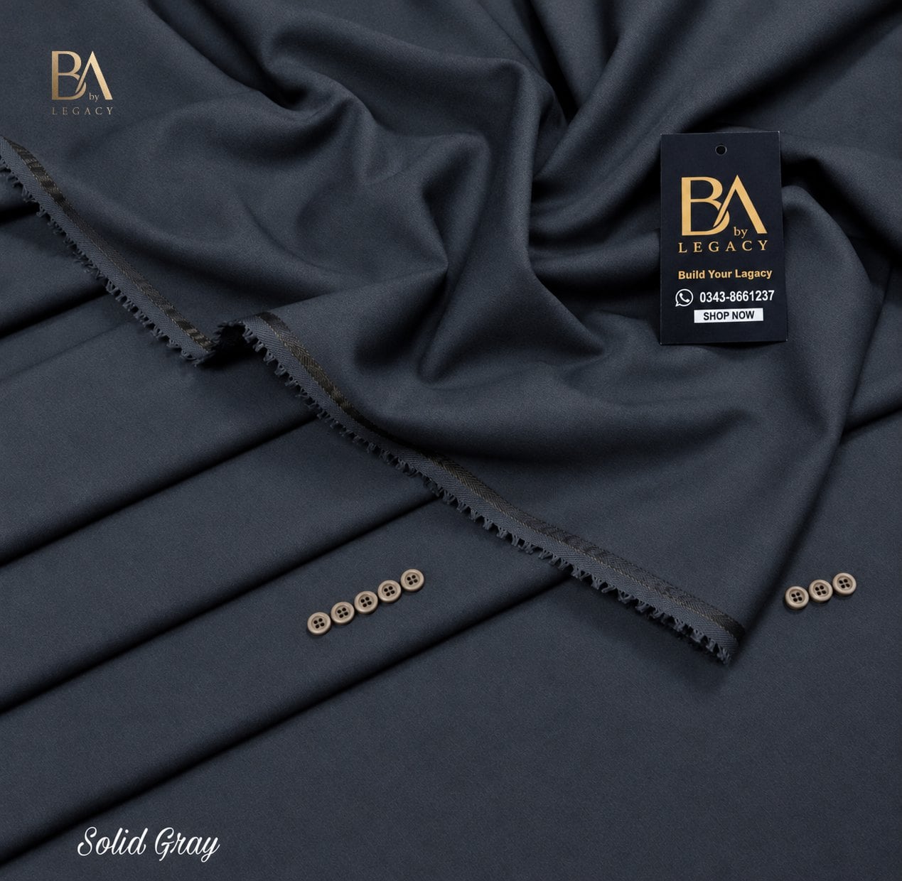 Solid Gray Riwaj winter wash & wear unstitched fabric with kinari, buttons and the BA tag.