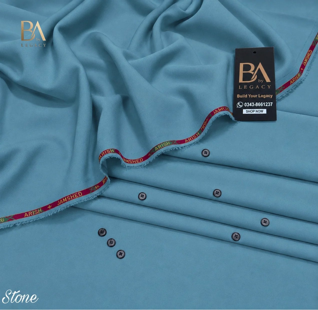 Stone Riwaj winter wash & wear unstitched fabric with kinari, buttons and the BA tag.