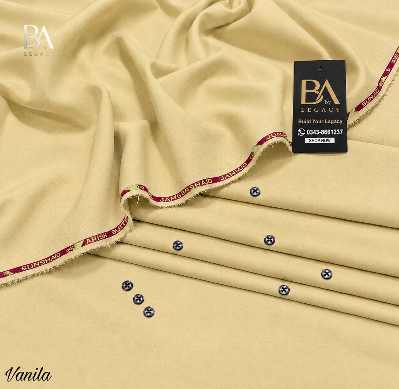Vanilla Riwaj winter wash & wear unstitched fabric with kinari, buttons and the BA tag.