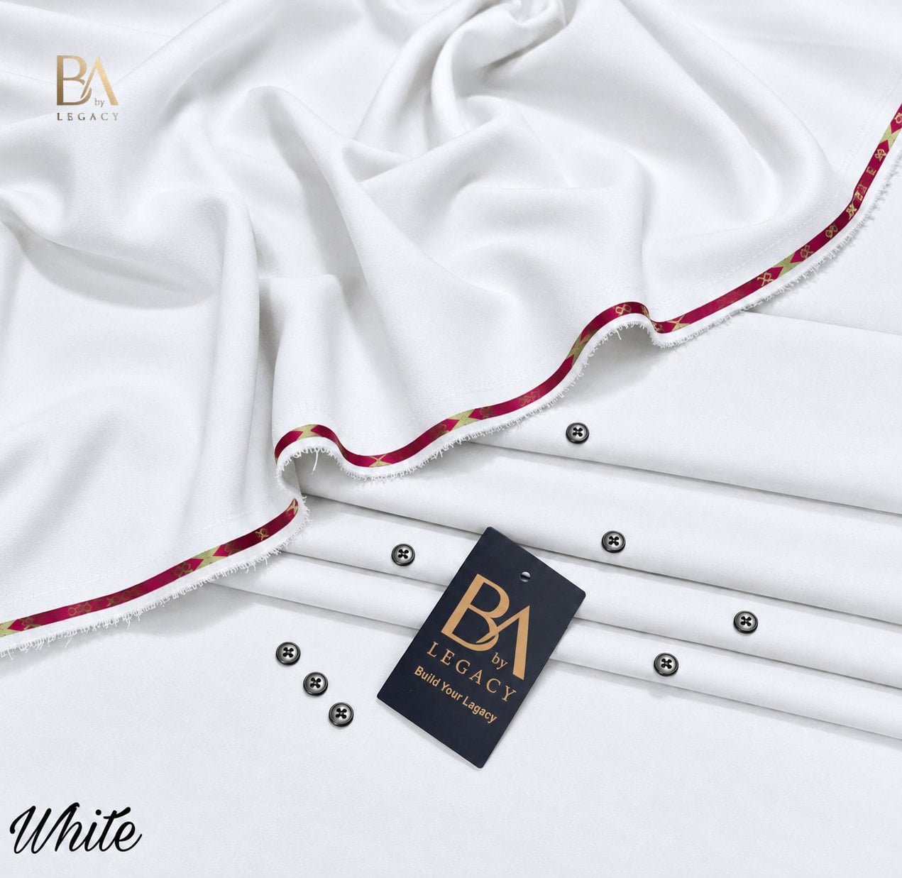 White Riwaj winter wash & wear unstitched fabric with kinari, buttons and the BA tag.