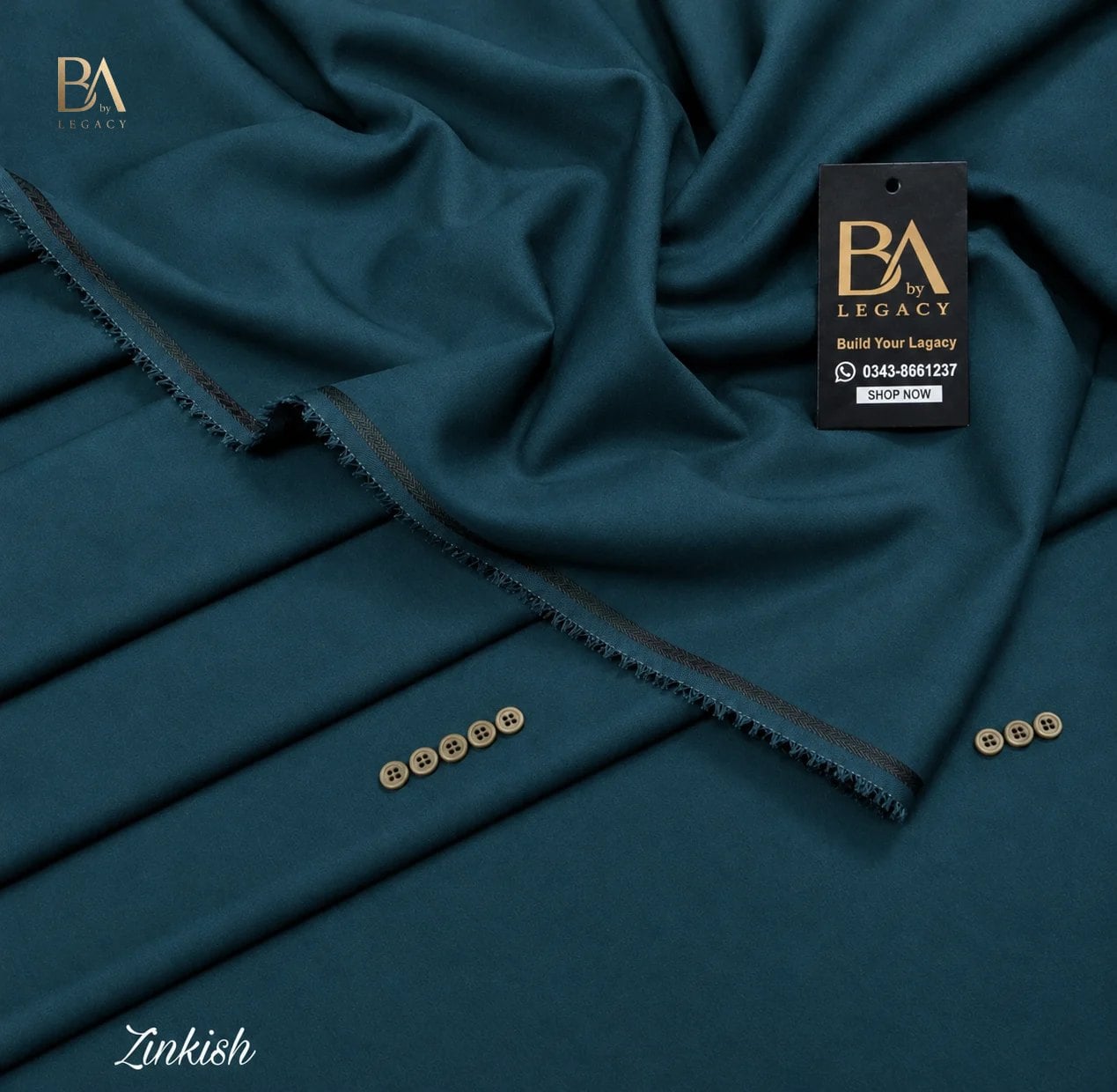 Zinkish Riwaj winter wash & wear unstitched fabric with kinari, buttons and the BA tag.